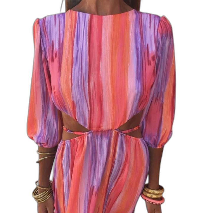 Elegant Striped Maxi Dress for Women with Crew Neck Puff Sleeve Flowing Cocktail Style