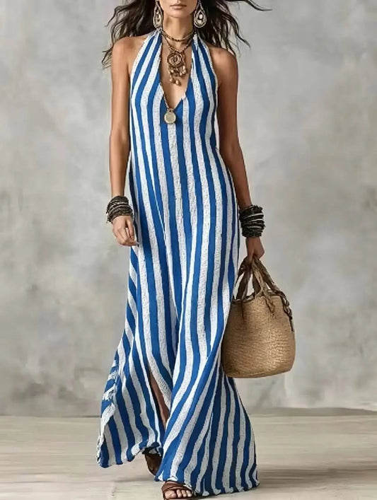 Elegant Striped Maxi Dress for Women with Halter Sleeveless Flowing Vacation Style
