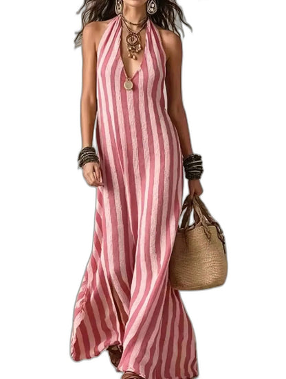 Elegant Striped Maxi Dress for Women with Halter Sleeveless Flowing Vacation Style