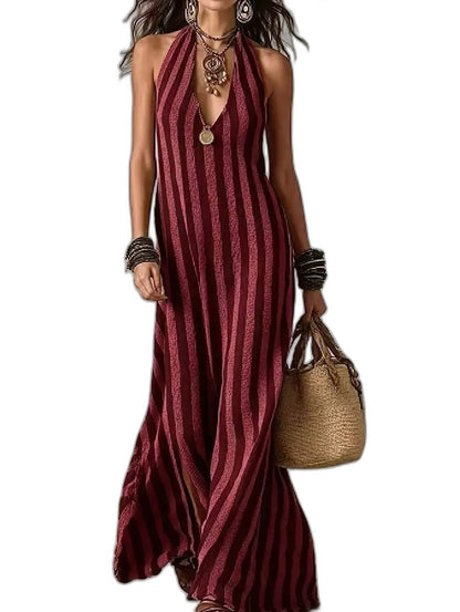 Elegant Striped Maxi Dress for Women with Halter Sleeveless Flowing Vacation Style