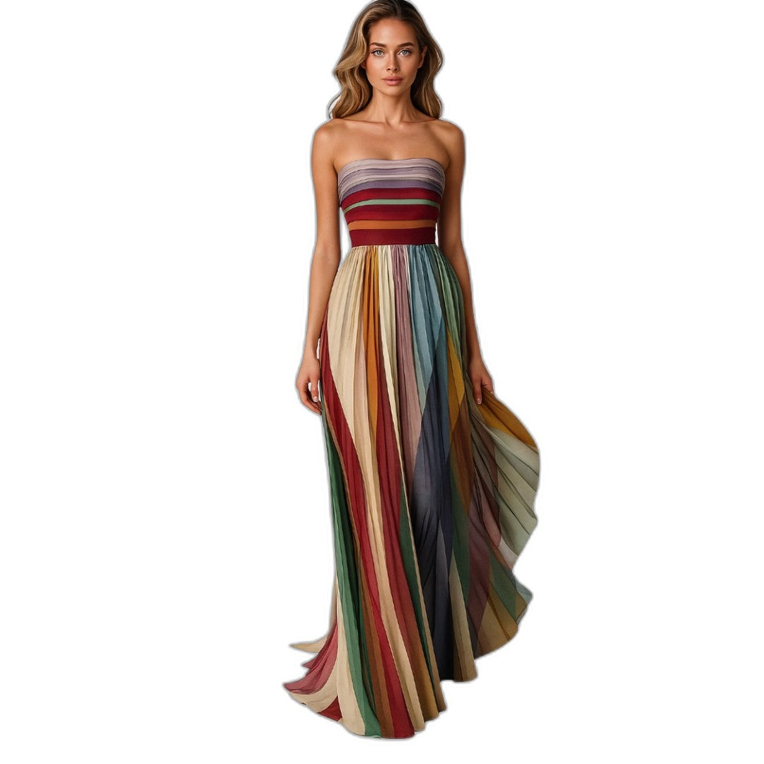 Elegant Striped Maxi Dress for Women with Strapless Flowing Vacation Style
