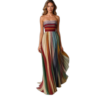 Elegant Striped Maxi Dress for Women with Strapless Flowing Vacation Style