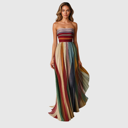 Elegant Striped Maxi Dress for Women with Strapless Flowing Vacation Style