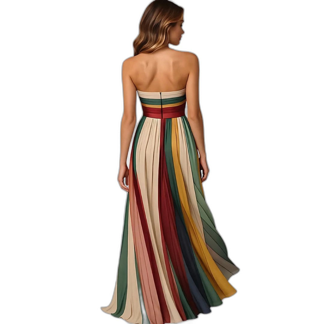 Elegant Striped Maxi Dress for Women with Strapless Flowing Vacation Style