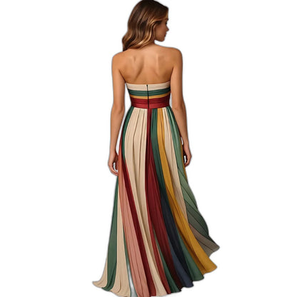 Elegant Striped Maxi Dress for Women with Strapless Flowing Vacation Style
