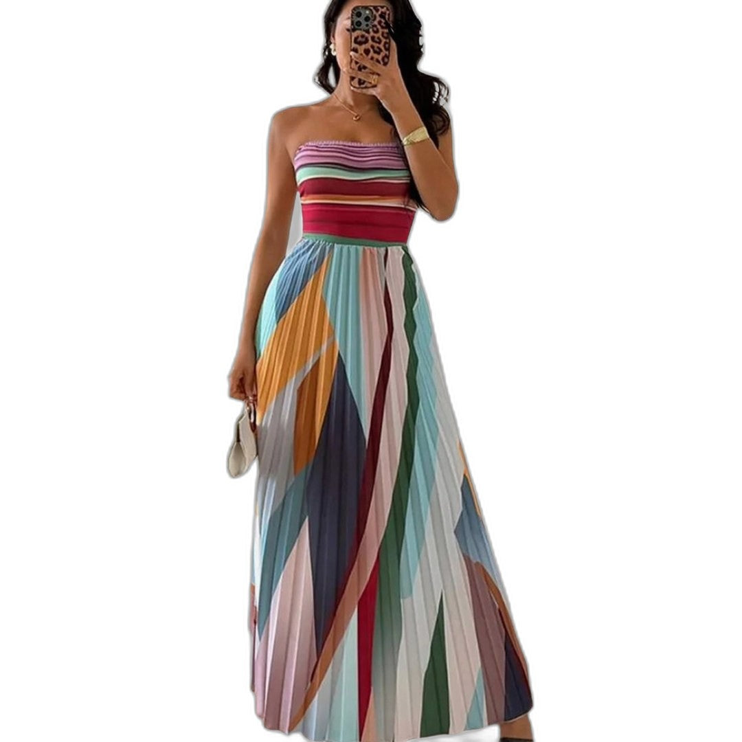 Elegant Striped Maxi Dress for Women with Strapless Flowing Vacation Style