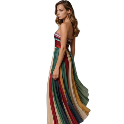 Elegant Striped Maxi Dress for Women with Strapless Flowing Vacation Style
