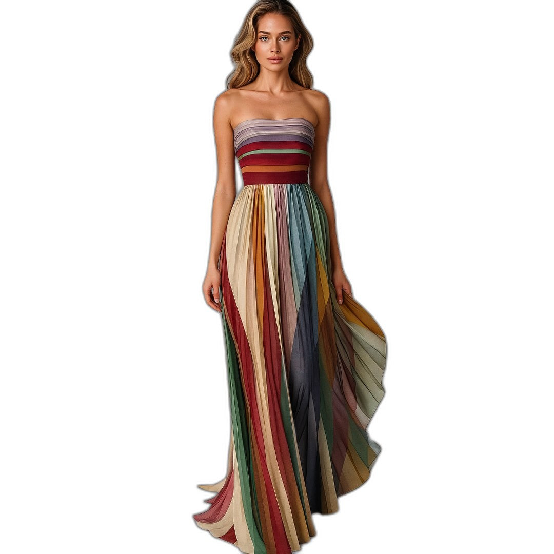 Elegant Striped Maxi Dress for Women with Strapless Pleated Flowing Party Style