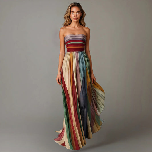 Elegant Striped Maxi Dress for Women with Strapless Pleated Flowing Party Style