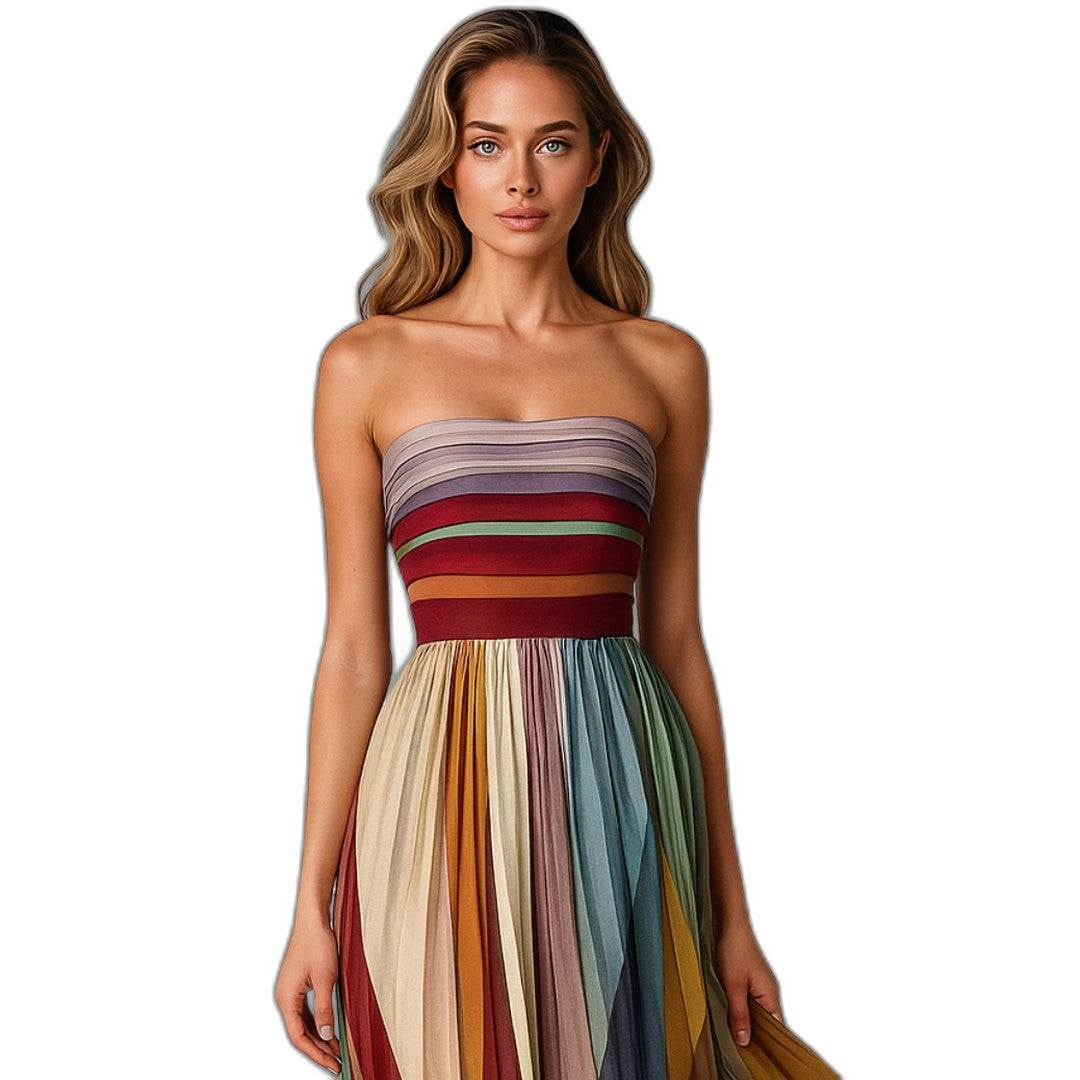 Elegant Striped Maxi Dress for Women with Strapless Pleated Flowing Party Style