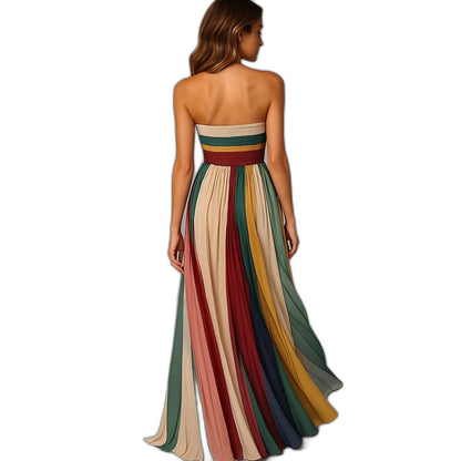 Elegant Striped Maxi Dress for Women with Strapless Pleated Flowing Party Style