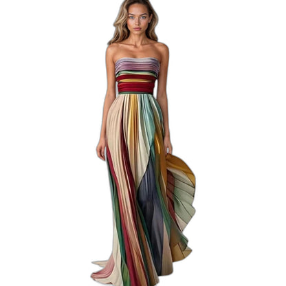 Elegant Striped Maxi Dress for Women with Strapless Pleated Flowing Vacation Style