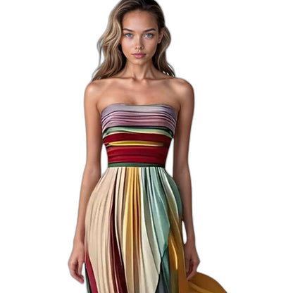 Elegant Striped Maxi Dress for Women with Strapless Pleated Flowing Vacation Style