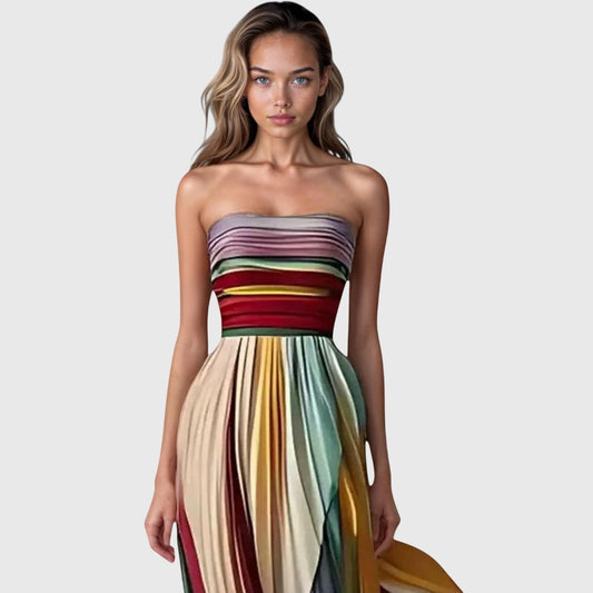 Elegant Striped Maxi Dress for Women with Strapless Pleated Flowing Vacation Style