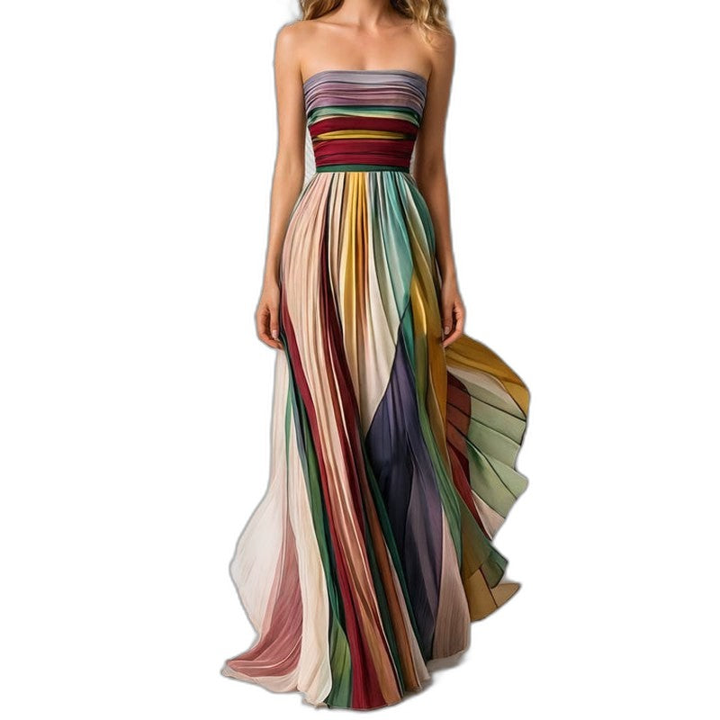 Elegant Striped Maxi Dress for Women with Strapless Pleated Party Style