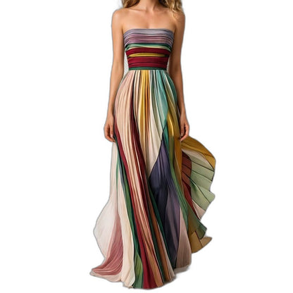 Elegant Striped Maxi Dress for Women with Strapless Pleated Party Style