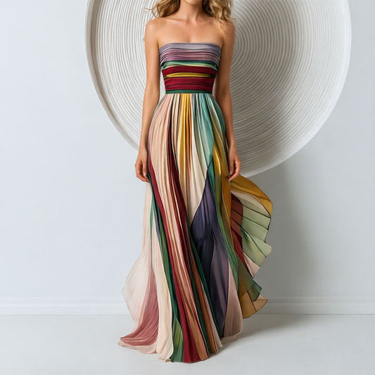 Elegant Striped Maxi Dress for Women with Strapless Pleated Party Style
