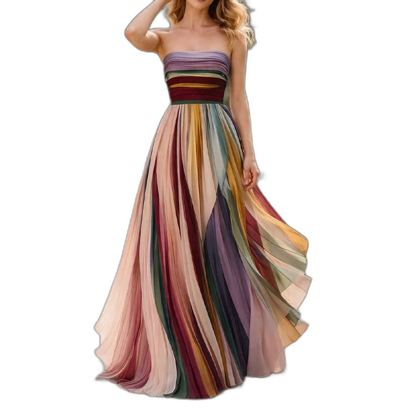 Elegant Striped Maxi Dress for Women with Strapless Pleated Party Style