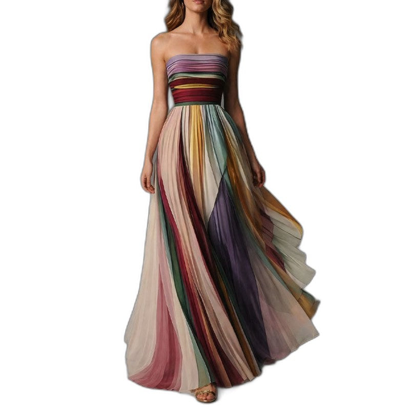 Elegant Striped Maxi Dress for Women with Strapless Pleated Party Style
