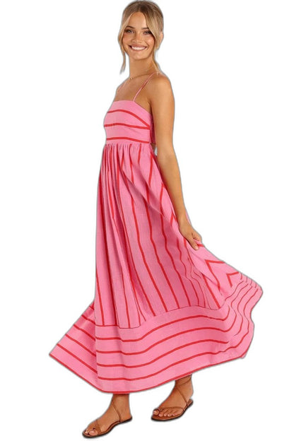 Elegant Striped Maxi Dress for Women with Strapless Tiered Flowing Empire Waist Vacation Style