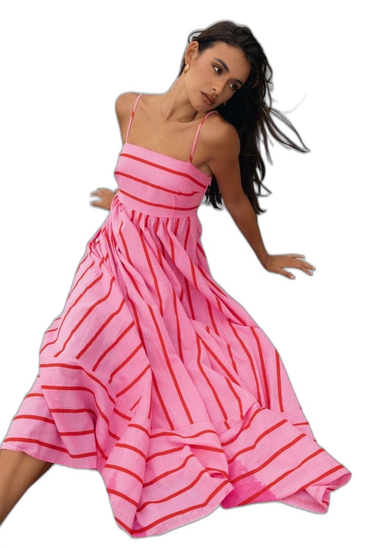 Elegant Striped Maxi Dress for Women with Strapless Tiered Flowing Empire Waist Vacation Style