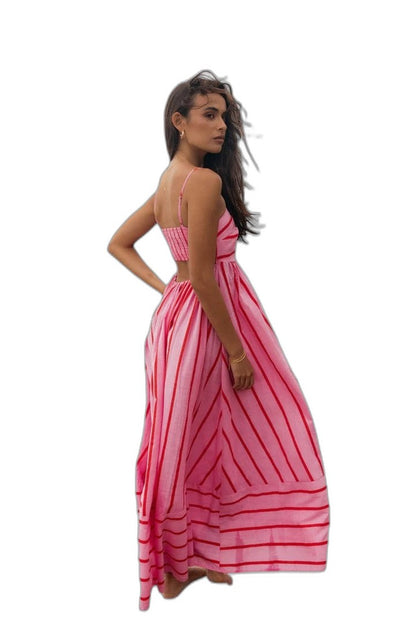 Elegant Striped Maxi Dress for Women with Strapless Tiered Flowing Empire Waist Vacation Style