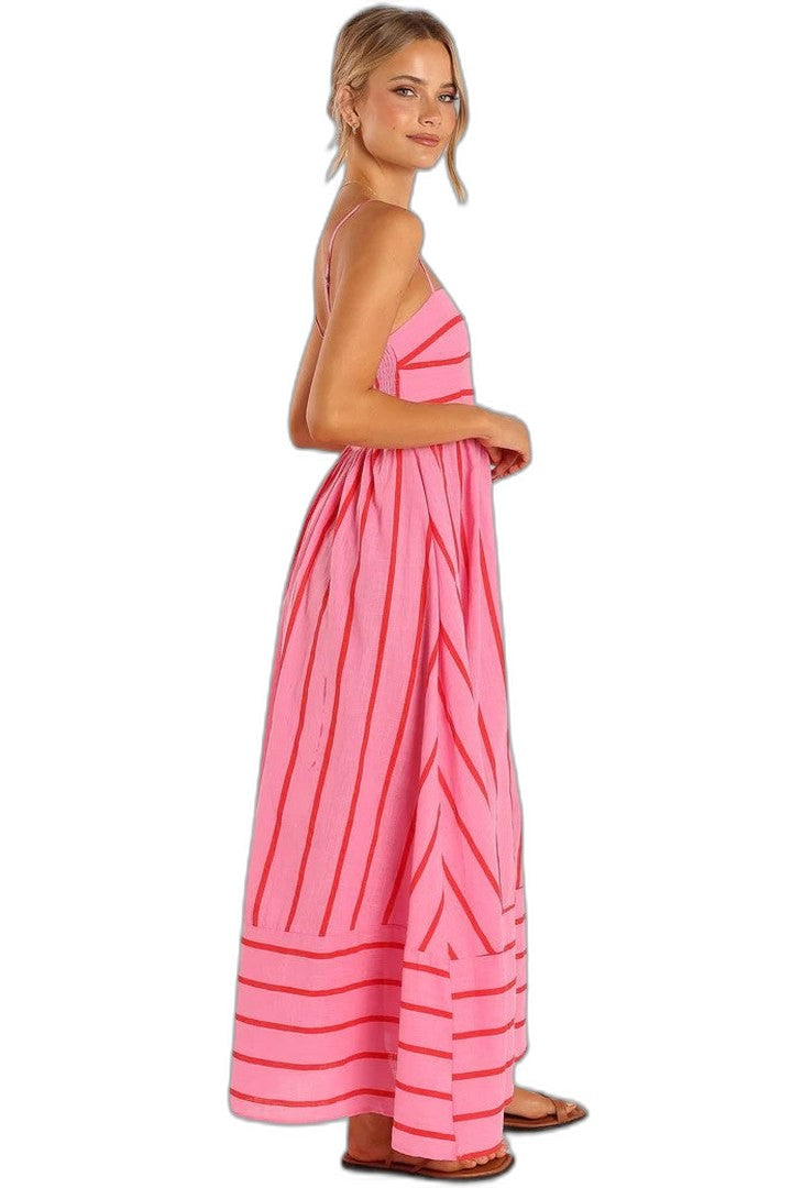 Elegant Striped Maxi Dress for Women with Strapless Tiered Flowing Empire Waist Vacation Style