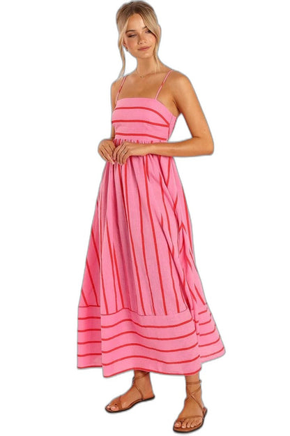 Elegant Striped Maxi Dress for Women with Strapless Tiered Flowing Empire Waist Vacation Style