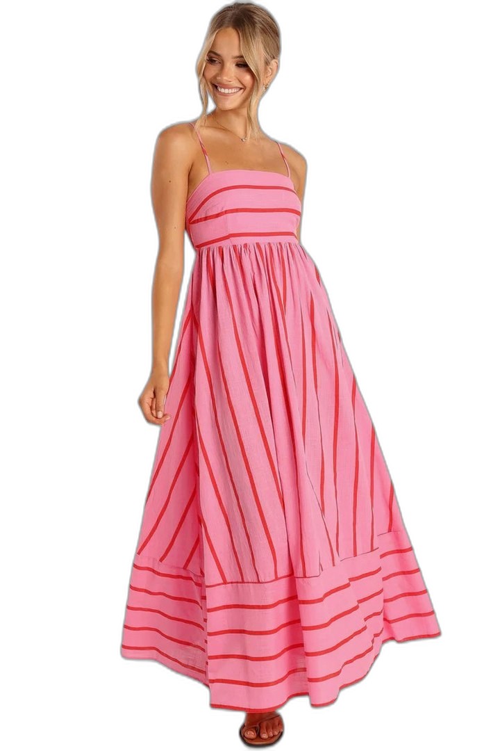 Elegant Striped Maxi Dress for Women with Strapless Tiered Flowing Empire Waist Vacation Style