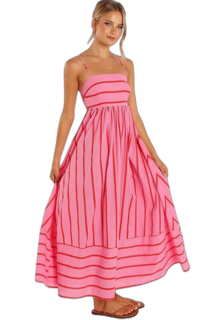 Elegant Striped Maxi Dress for Women with Strapless Tiered Flowing Empire Waist Vacation Style