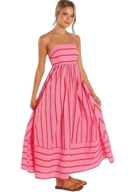 Elegant Striped Maxi Dress for Women with Strapless Tiered Flowing Empire Waist Vacation Style