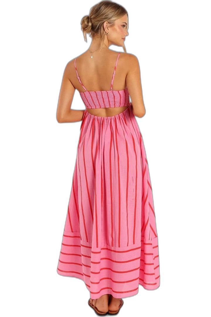 Elegant Striped Maxi Dress for Women with Strapless Tiered Flowing Empire Waist Vacation Style