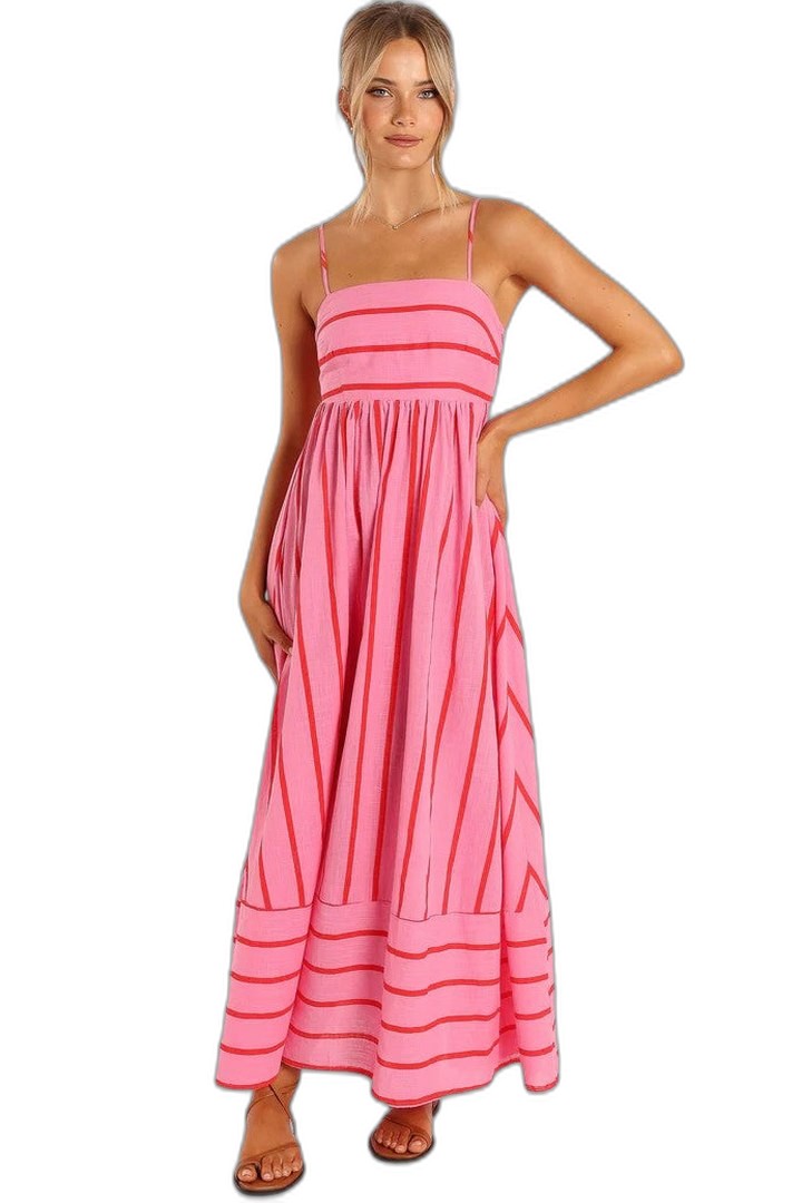 Elegant Striped Maxi Dress for Women with Strapless Tiered Flowing Empire Waist Vacation Style