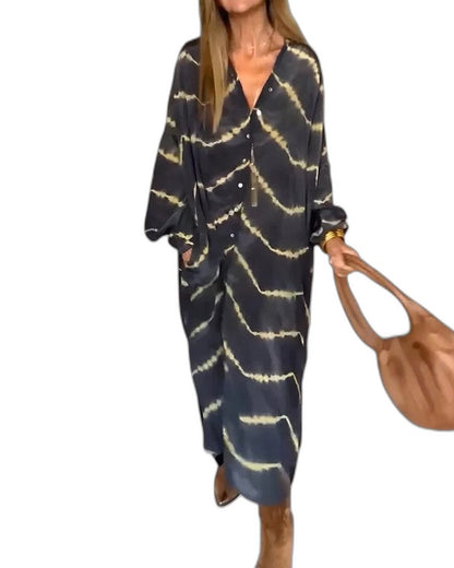 Elegant Striped Maxi Dress for Women with V Neck Long Sleeve Wrap Flowing Cocktail Style