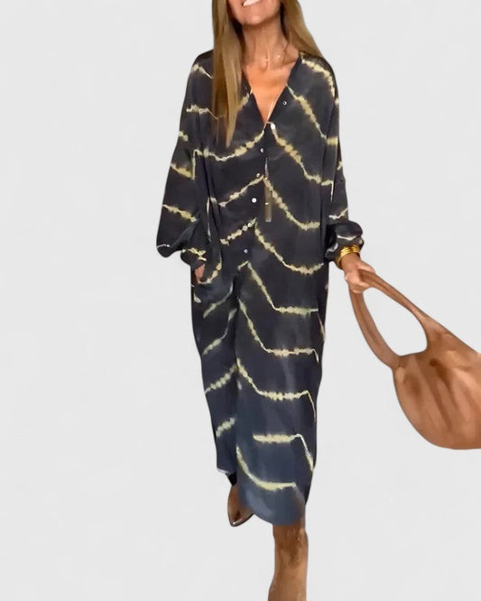 Elegant Striped Maxi Dress for Women with V Neck Long Sleeve Wrap Flowing Cocktail Style