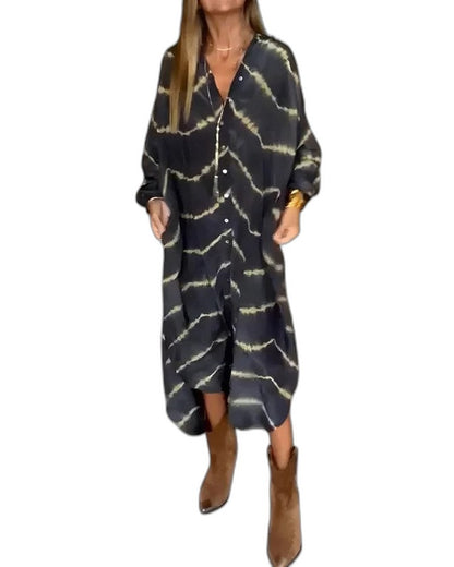 Elegant Striped Maxi Dress for Women with V Neck Long Sleeve Wrap Flowing Cocktail Style
