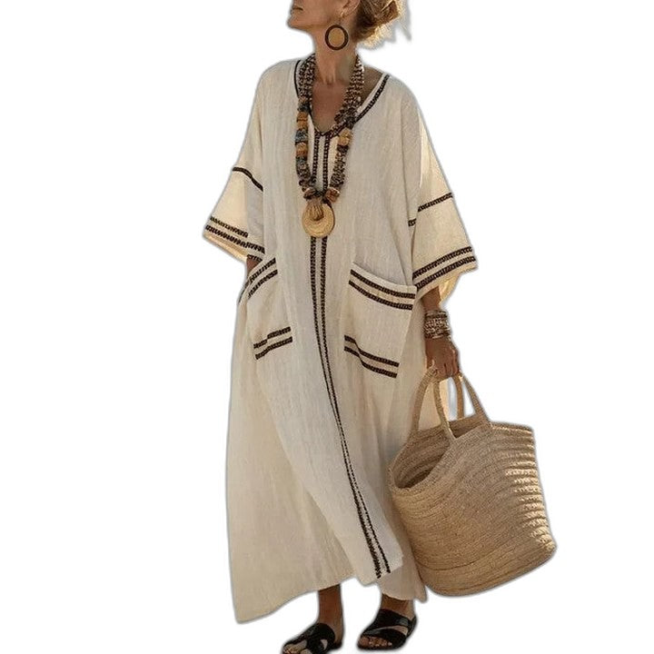 Elegant Striped Maxi Dress for Women with V Neck Short Sleeve Flowing Oversized Vacation Style