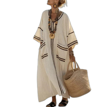 Elegant Striped Maxi Dress for Women with V Neck Short Sleeve Flowing Oversized Vacation Style