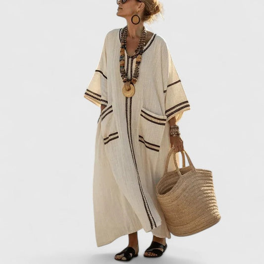 Elegant Striped Maxi Dress for Women with V Neck Short Sleeve Flowing Oversized Vacation Style