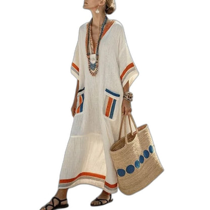 Elegant Striped Maxi Dress for Women with V Neck Short Sleeve Flowing Oversized Vacation Style