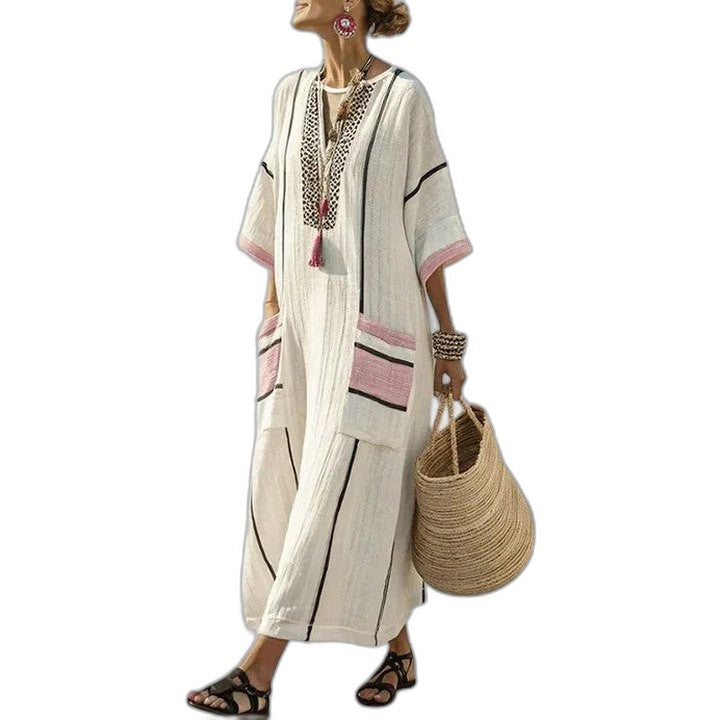 Elegant Striped Maxi Dress for Women with V Neck Short Sleeve Flowing Oversized Vacation Style
