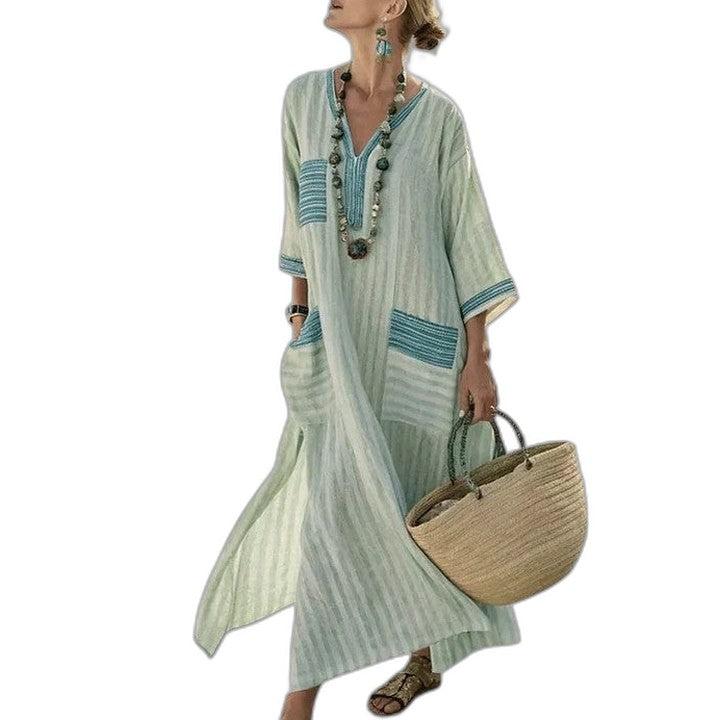 Elegant Striped Maxi Dress for Women with V Neck Short Sleeve Flowing Oversized Vacation Style