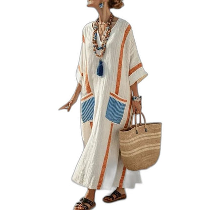Elegant Striped Maxi Dress for Women with V Neck Short Sleeve Flowing Oversized Vacation Style