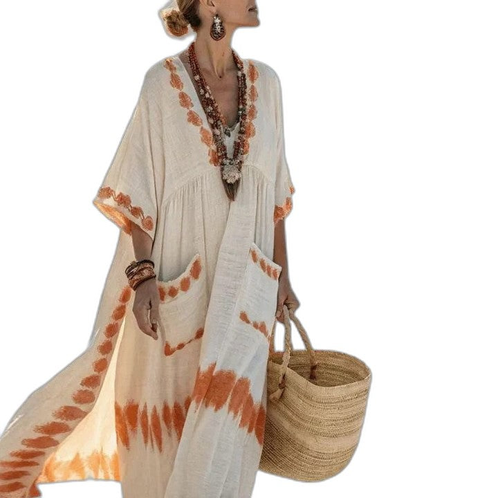 Elegant Striped Maxi Dress for Women with V Neck Short Sleeve Flowing Oversized Vacation Style