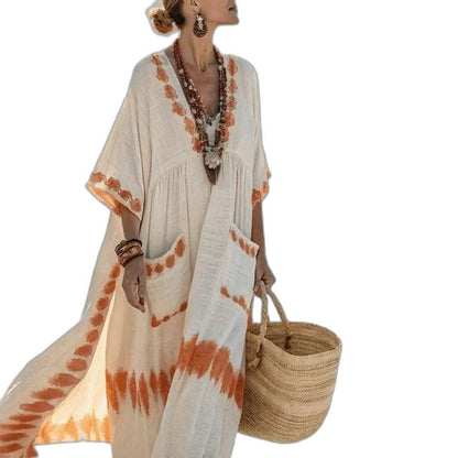 Elegant Striped Maxi Dress for Women with V Neck Short Sleeve Flowing Oversized Vacation Style