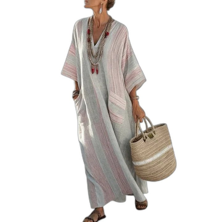 Elegant Striped Maxi Dress for Women with V Neck Short Sleeve Flowing Oversized Vacation Style