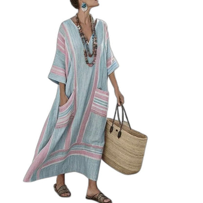 Elegant Striped Maxi Dress for Women with V Neck Short Sleeve Flowing Oversized Vacation Style