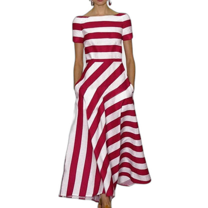Elegant Striped Midi Dress for Women with Off Shoulder Short Sleeve Fit And Flare Pockets Party Style