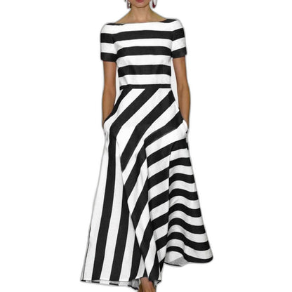 Elegant Striped Midi Dress for Women with Off Shoulder Short Sleeve Fit And Flare Pockets Party Style