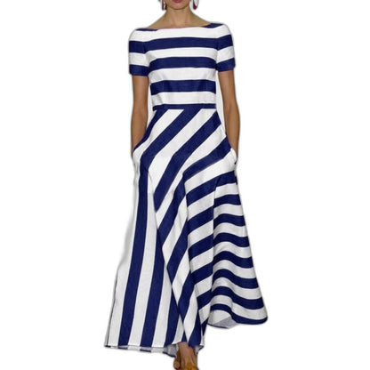 Elegant Striped Midi Dress for Women with Off Shoulder Short Sleeve Fit And Flare Pockets Party Style